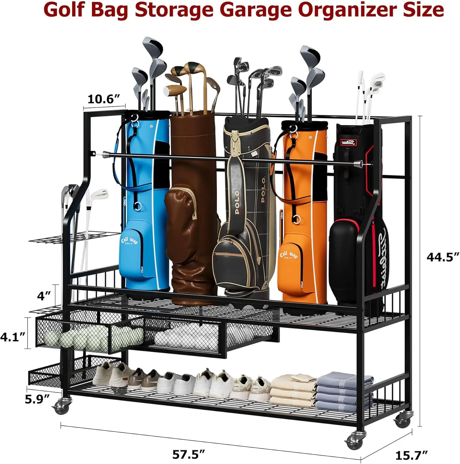 Golf Equipment Organizer For Garage - 다기능 롤링 골프백 보관 선반(바퀴 포함)