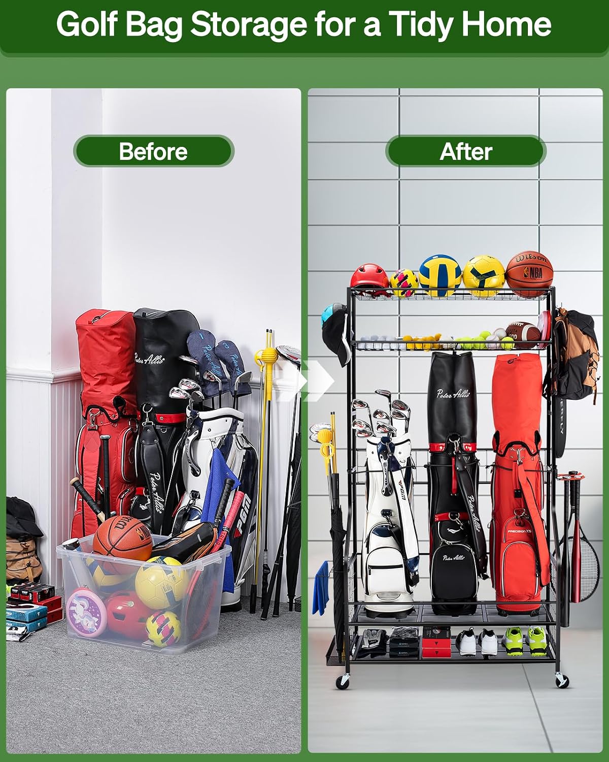 골프백 보관 정리대, 헤비듀티 차고 장비 스탠드(바퀴  - Golf Equipment Organizer For Garage 리뷰 및 가격