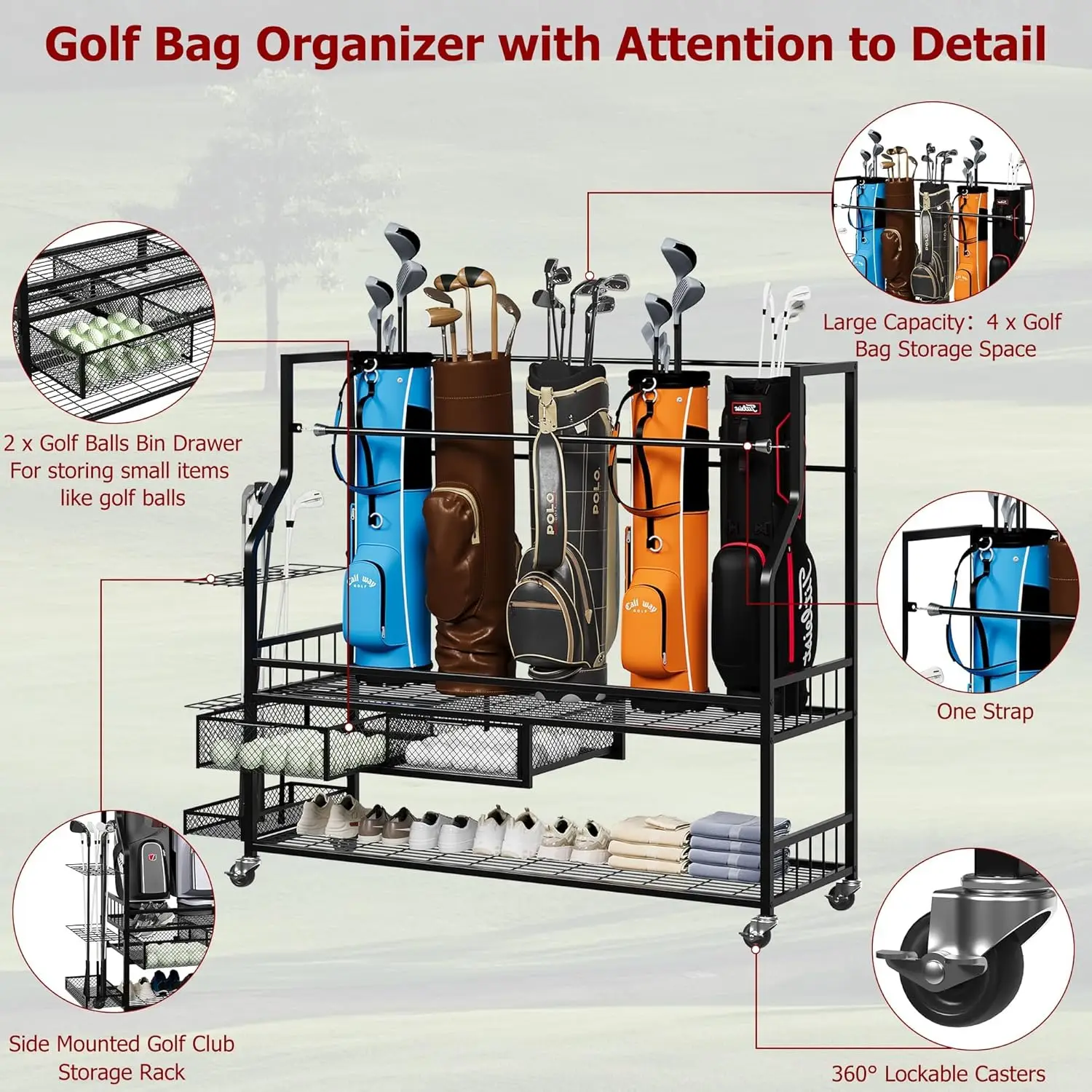 다기능 롤링 골프백 보관 선반(바퀴 포함) 금속 스포츠 - Golf Equipment Organizer For Garage 리뷰 및 가격